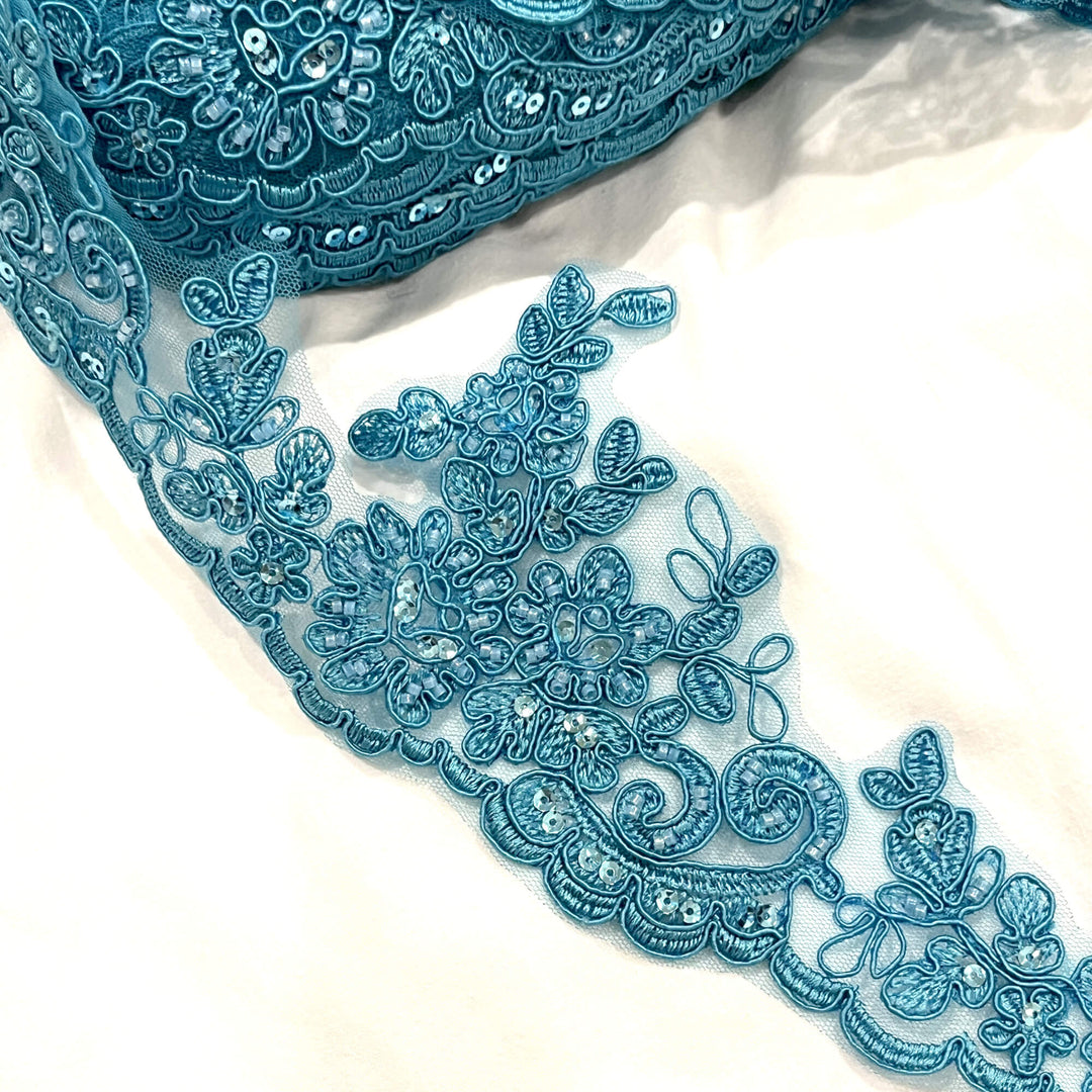 Beaded & Corded Lace Trimming Embroidered on 100% Polyester Net Mesh | Lace USA - 96796W-HB