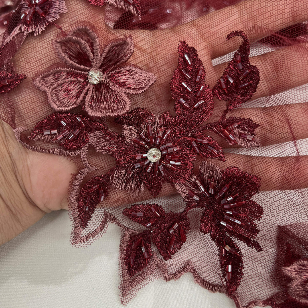 Close-up of Lace USA GD-1613 3D wine color floral lace with bead and rhinestone embellishments, highlighting multicolor flower edging —ideal for gowns.