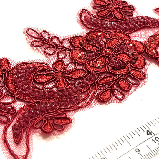 Closeup of Wine Color Beaded & Corded Floral Lace Applique Embroidered on 100% Polyester net | Lace USA - KZ-67HB