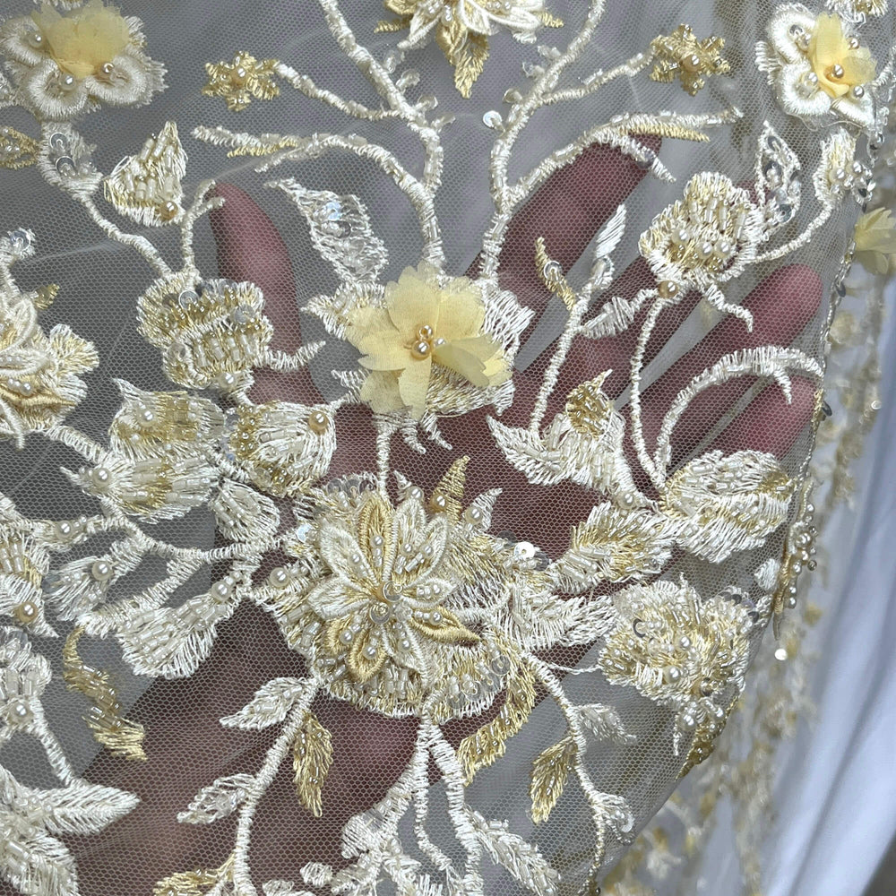 Closeup of Yellow  Beaded 3D floral  Lace Embroidered on Net Mesh - LaceUSA Item GD3165 