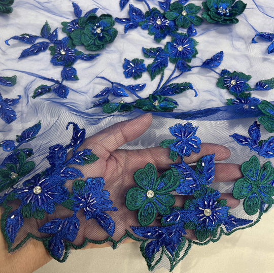 Closeup of Blue Green  Beaded 3D Floral Lace-Fabric Embroidered on net mesh by LaceUSA  item GD1613 