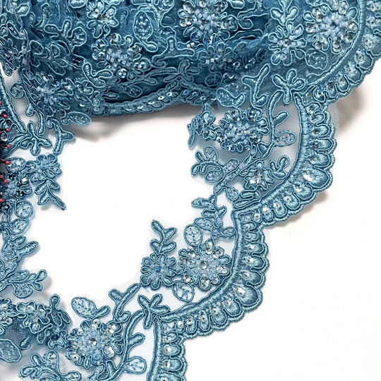 Adorno de encaje floral con cordón y cuentas bordado en malla de red 100 % poliéster | Encaje EE. UU.