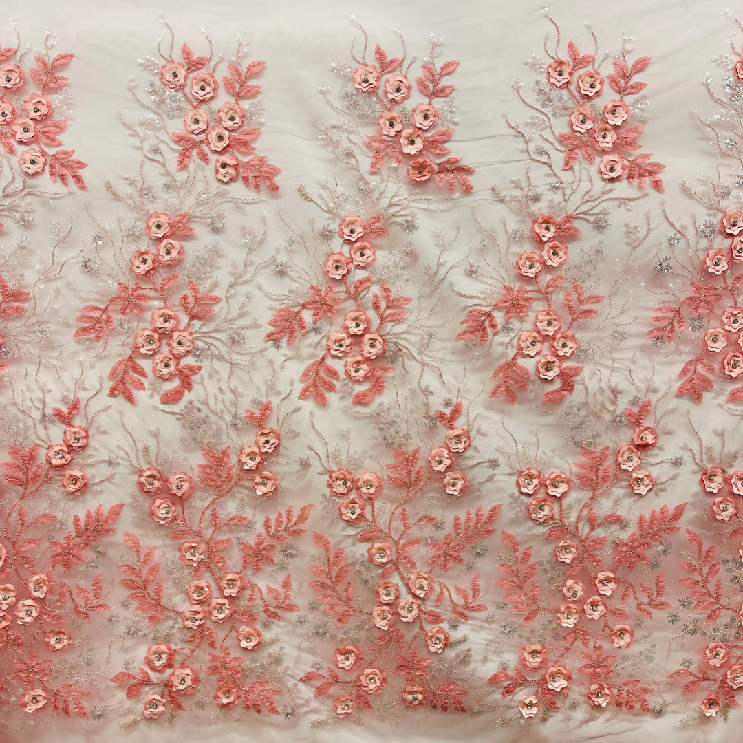  3D Floral Lace Fabricwith with beads, sequins, and satin flowers with rhinestone in the center. Embroidered on 100% Polyester Net Mesh | Lace USA - GD-229