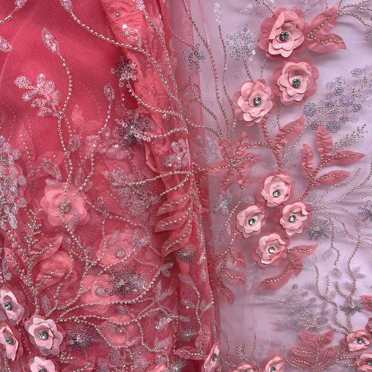 Coral 3D Floral Lace Fabric with beads and sequin. Perfect for Quinceanera and dance costumes | Lace USA - GD-229