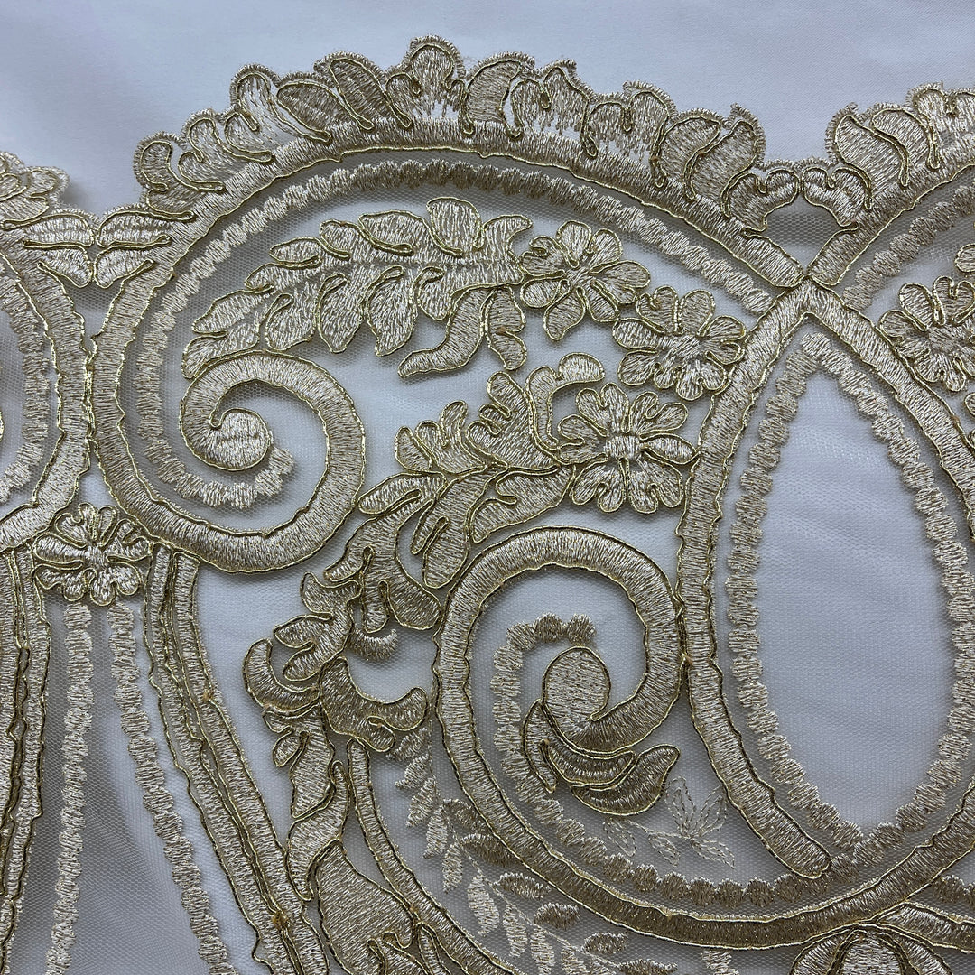 Closeup of Corded Bridal Lace Fabric in gold Embroidered on 100% Polyester Net Mesh | Lace USA - 97206
