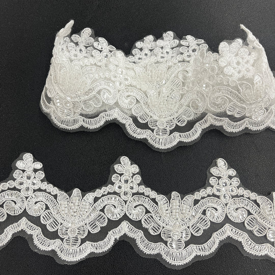 Beaded & Corded Lace Trimming Embroidered on 100% Polyester Net Mesh | Lace USA - KZ-34W-HB