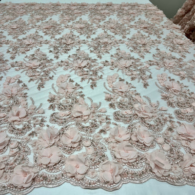 Beaded 3D Floral Lace Fabric Embroidered on 100% Polyester Net Mesh | Lace USA - GD-362
