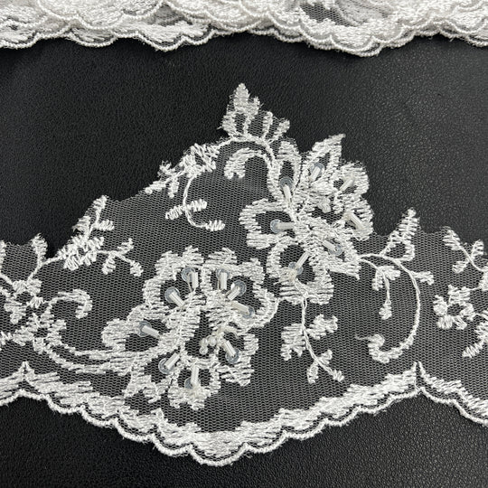 Beaded Lace Trimming Embroidered on 100% Polyester Mesh | Lace USA - 21356W-BP