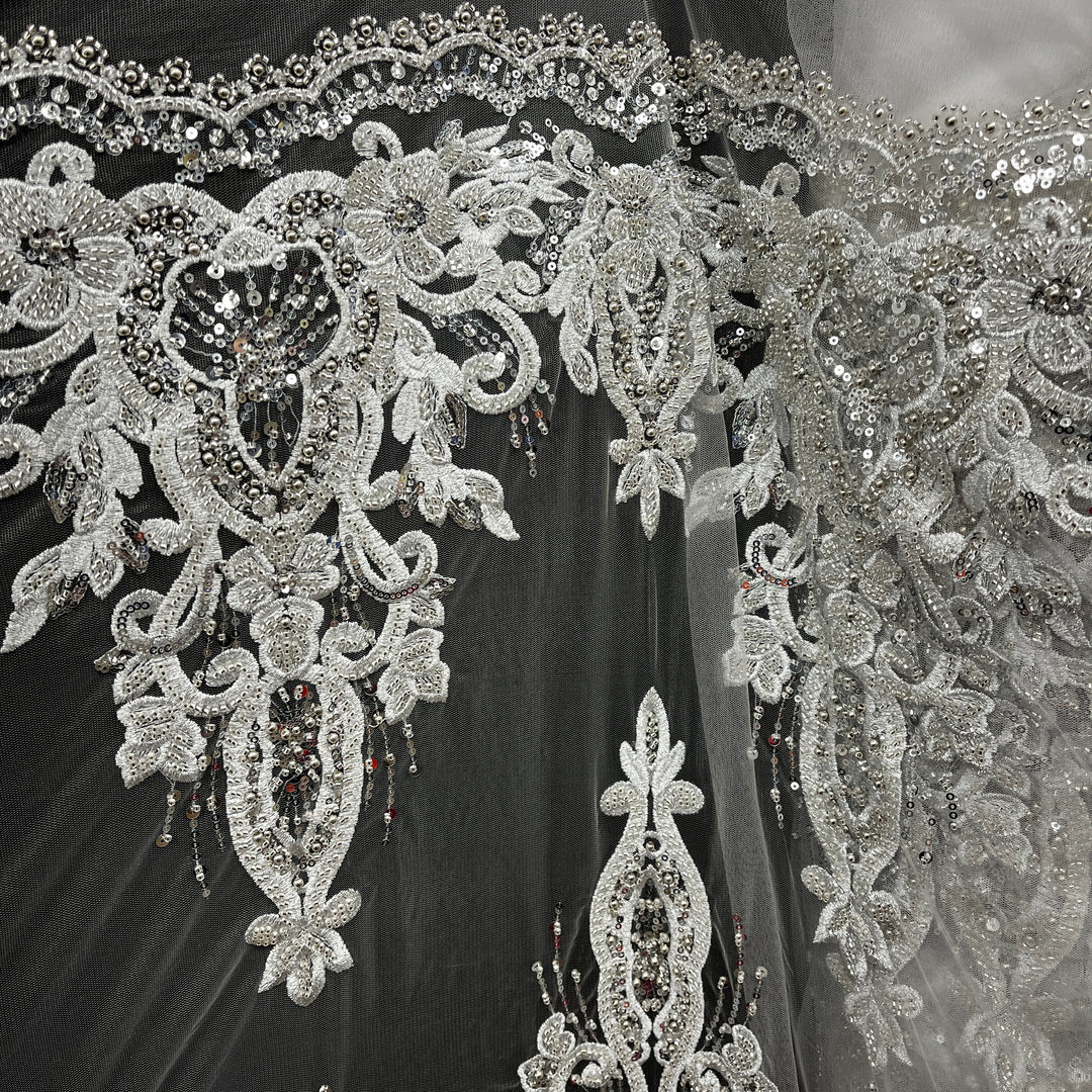 Beaded Lace Fabric Embroidered on 100% Polyester Net Mesh Lace USA - GD-11905