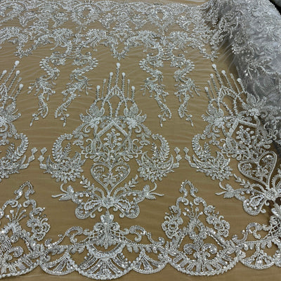 Beaded Lace Fabric Embroidered on 100% Polyester Net Mesh | Lace USA - GD-237189 Antique Silver