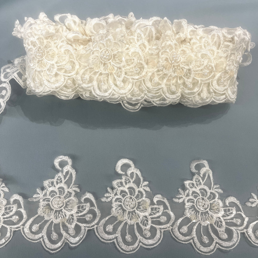Beaded Lace Trimming Embroidered on 100% Polyester Organza | Lace USA - KZ-50