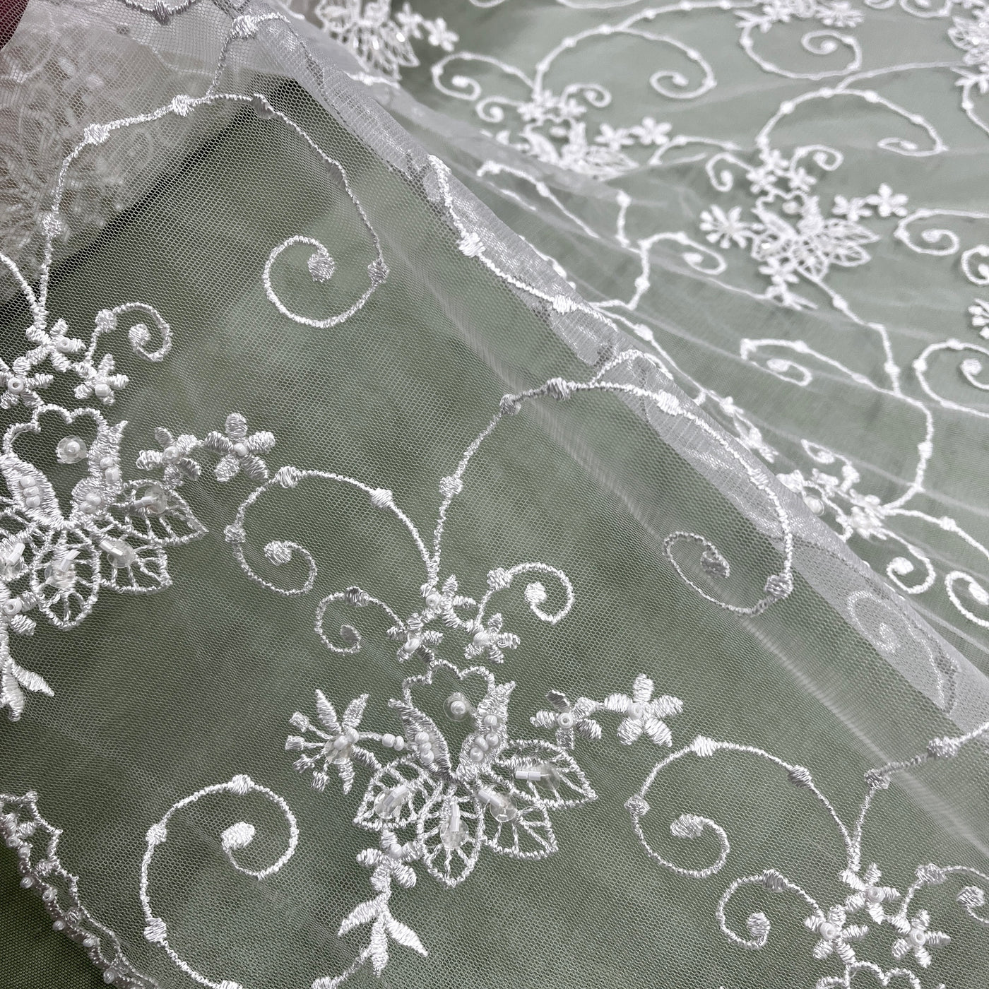 Beaded Lace Fabric Embroidered on 100% Polyester Net Mesh | Lace USA - 31094W-BP