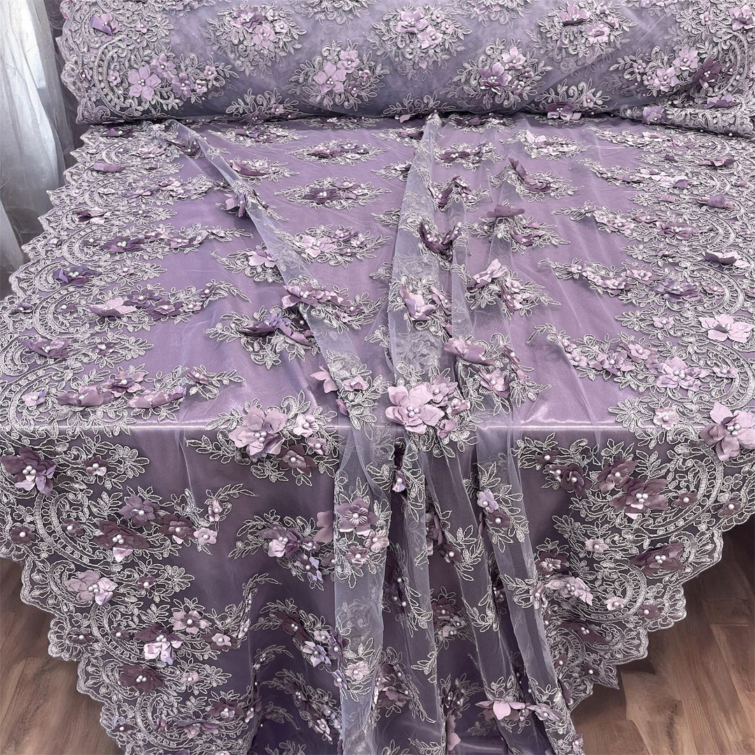 Beaded 3D Floral Lace Fabric Embroidered on 100% Polyester Net Mesh | Lace USA - GD-982