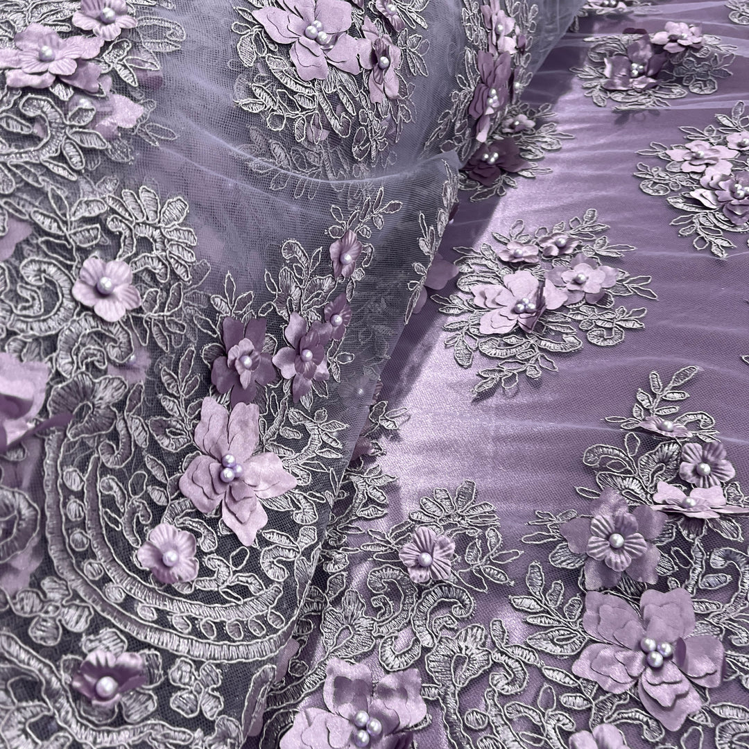 Beaded 3D Floral Lace Fabric Embroidered on 100% Polyester Net Mesh | Lace USA - GD-982