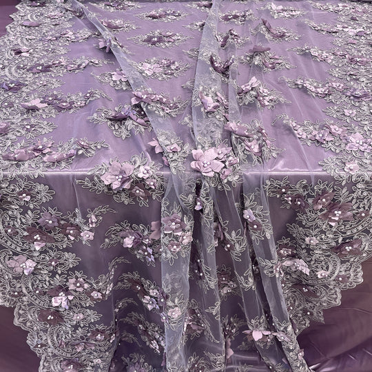 Beaded 3D Floral Lace Fabric Embroidered on 100% Polyester Net Mesh | Lace USA - GD-982