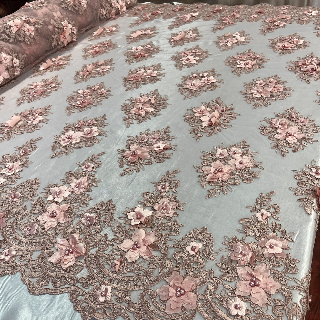 Beaded 3D Floral Lace Fabric Embroidered on 100% Polyester Net Mesh | Lace USA - GD-982