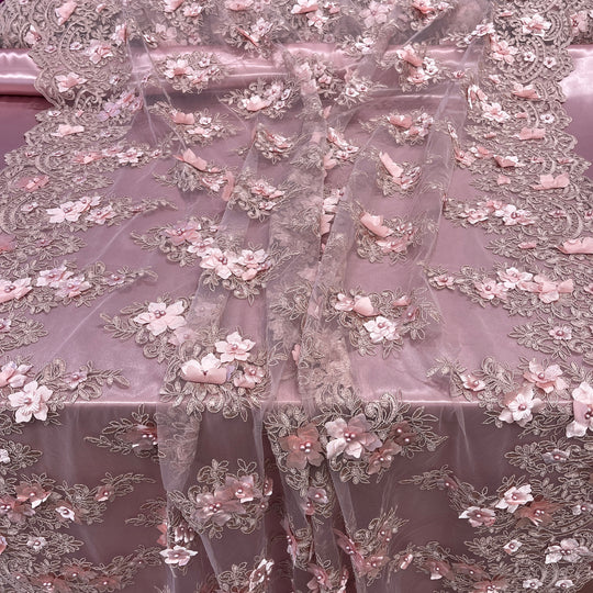 Beaded 3D Floral Lace Fabric Embroidered on 100% Polyester Net Mesh | Lace USA - GD-982