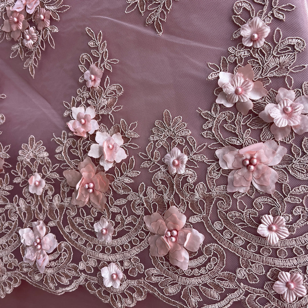 Beaded 3D Floral Lace Fabric Embroidered on 100% Polyester Net Mesh | Lace USA - GD-982