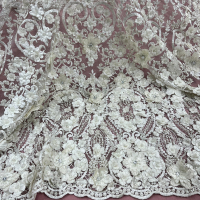 Beaded 3D Floral Lace Fabric Embroidered on 100% Polyester Net Mesh | Lace USA - GD-363