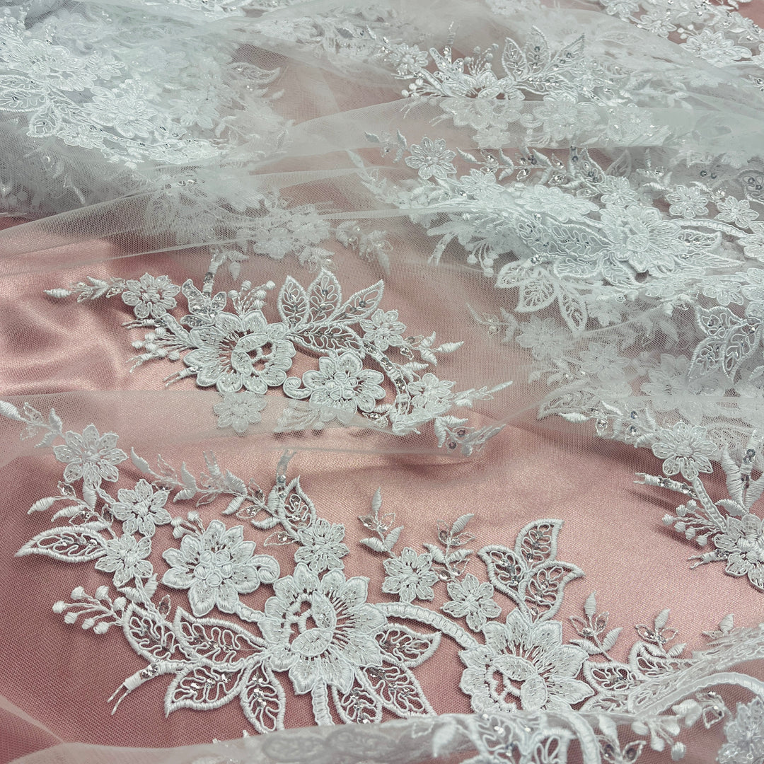 Beaded & Corded Bridal Lace Fabric Embroidered on 100% Polyester Net Mesh | Lace USA - GD-55619 - White / 54" Wide Beaded & Corded Bridal Lace Fabric Embroidered on 100% Polyester Net Mesh | Lace USA - GD-55619 - White / 54" Wide