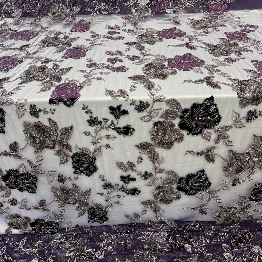 Beaded Lace Fabric Embroidered on 100% Polyester Net Mesh & Velvet | Lace USA - GD-2529