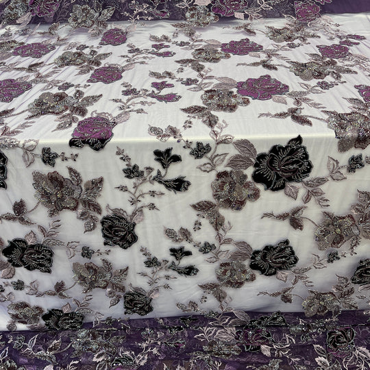 Beaded Lace Fabric Embroidered on 100% Polyester Net Mesh & Velvet | Lace USA - GD-2529