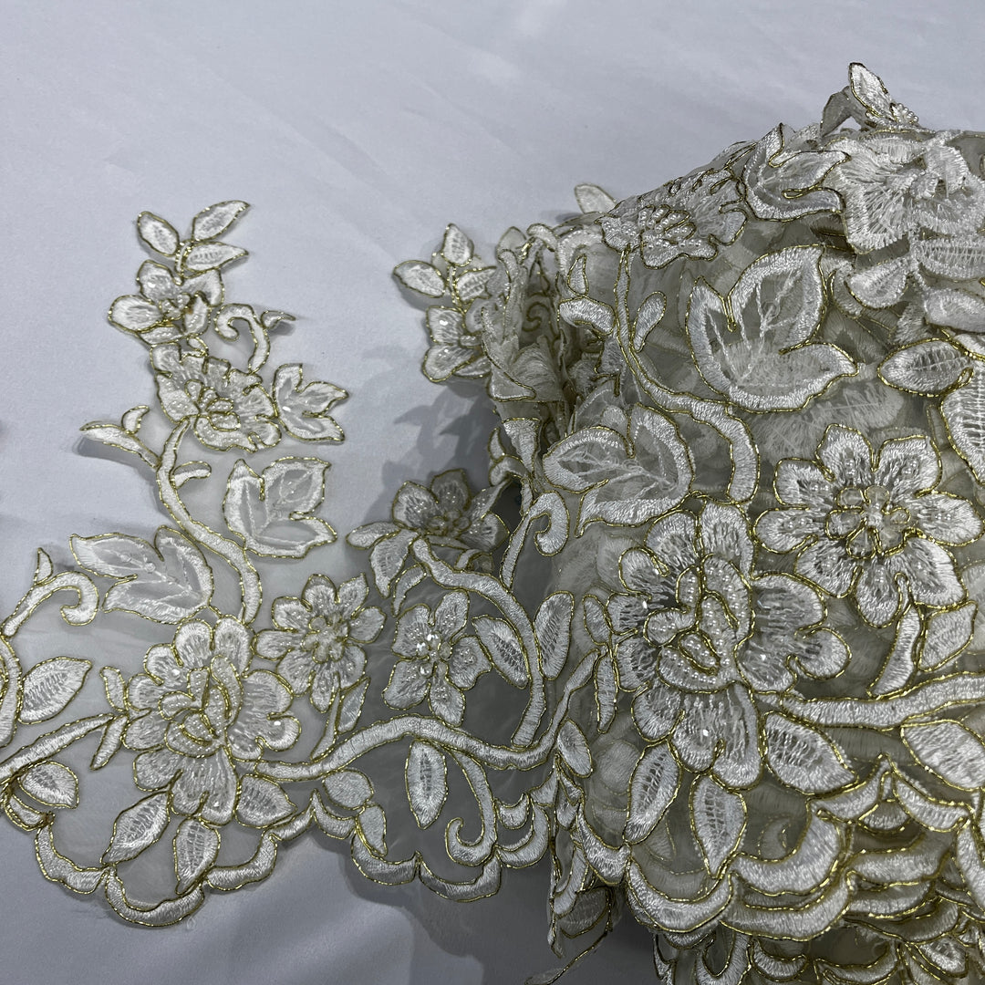 Beaded & Corded Lace Trimming Embroidered on 100% Polyester Organza | Lace USA - 95983N-BP