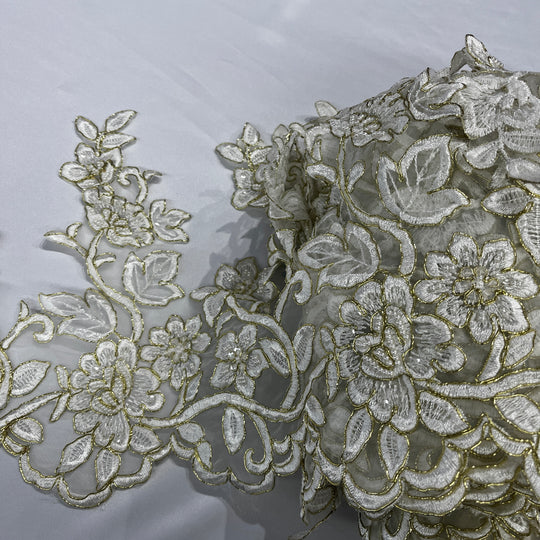 Beaded & Corded Lace Trimming Embroidered on 100% Polyester Organza | Lace USA - 95983N-BP