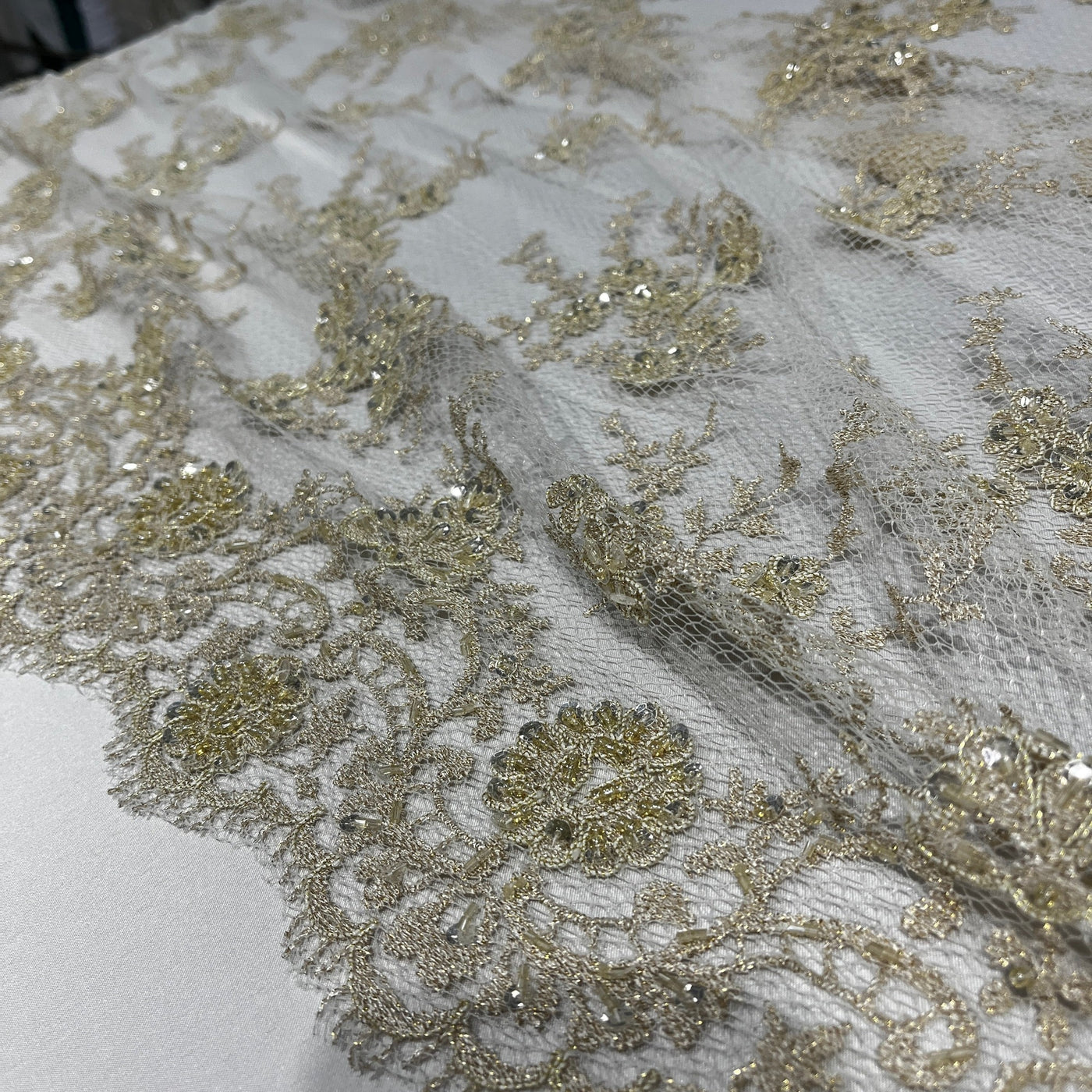 Beaded Lace Fabric Embroidered on 100% Polyester Net Mesh | Lace USA - 96731W-BP Gold