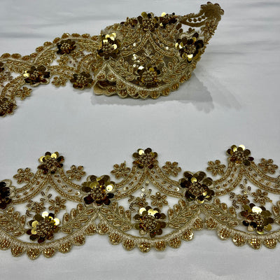 Beaded & Corded Floral Gold Lace Trimming Embroidered on 100% Polyester Net Mesh | Lace USA - 97225W-HB