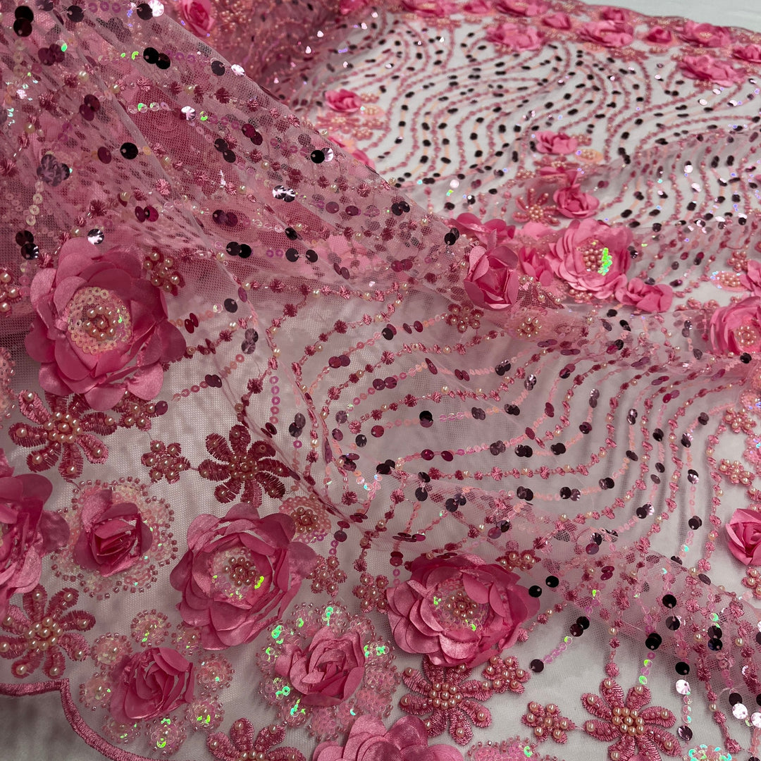 Beaded and Sequined 3D Floral Sparkling Lace Fabric Embroidered on 100% Polyester Net Mesh | Lace USA - GD-2212