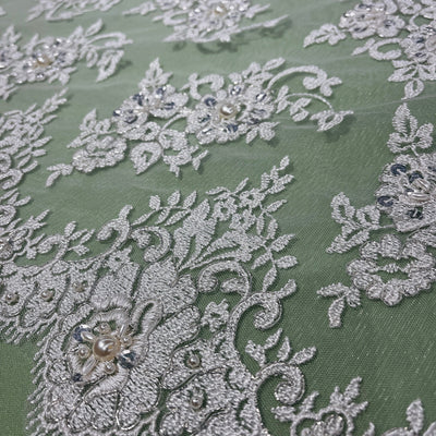 Beaded Lace Fabric Embroidered on 100% Polyester Net Mesh | Lace USA - 96682W-BP Ivory with Silver