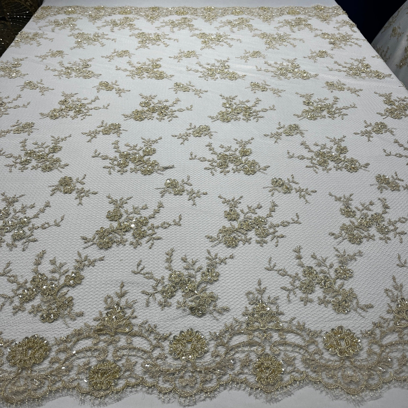 Beaded Lace Fabric Embroidered on 100% Polyester Net Mesh | Lace USA - 96731W-BP Gold