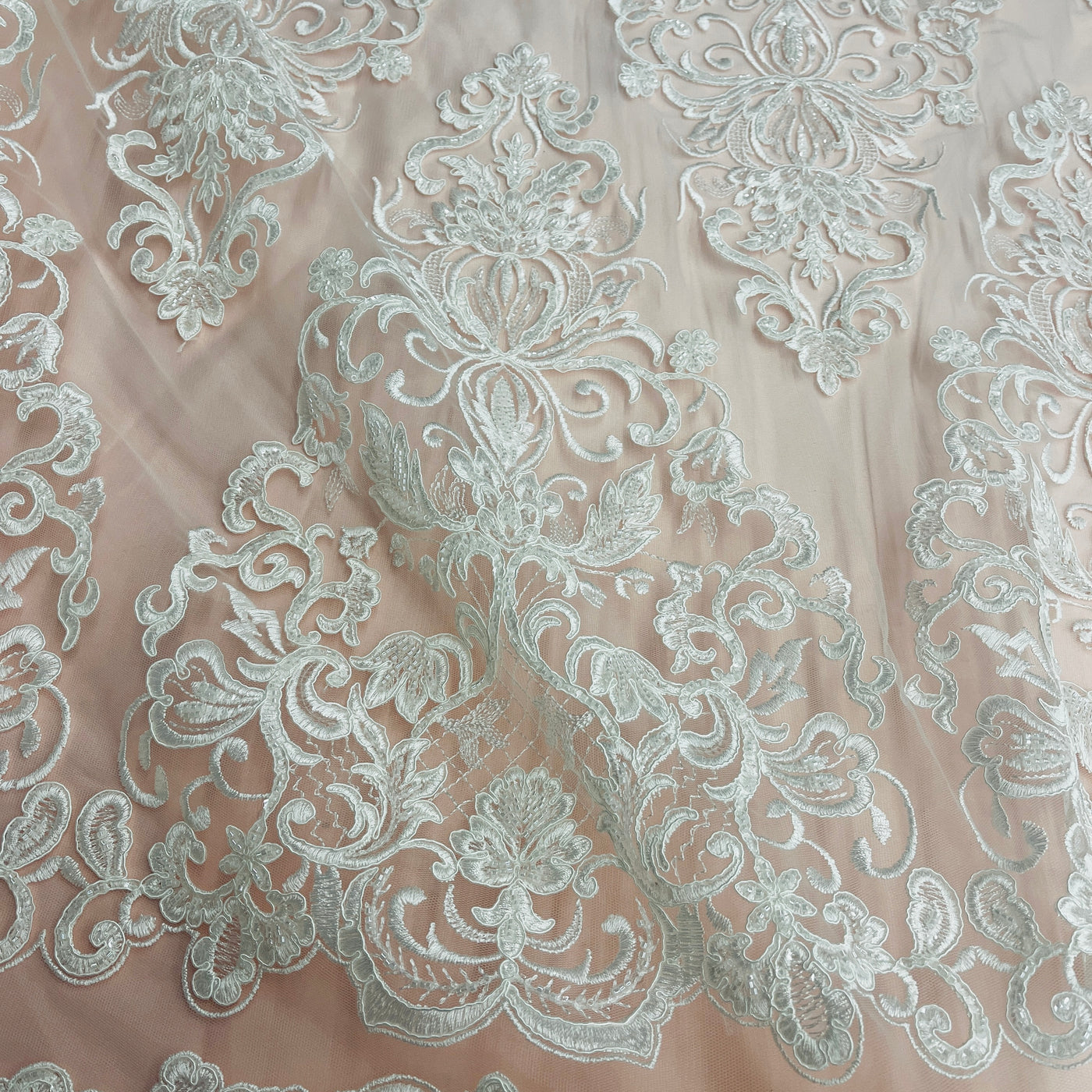 Beaded, Corded & Embroidered on 100% Polyester Mesh Net Lace Fabric. Lace USA