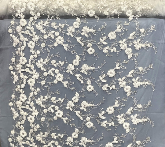 Beaded 3D Floral Lace Fabric Embroidered on 100% Polyester Net Mesh | Lace USA - GD-10143