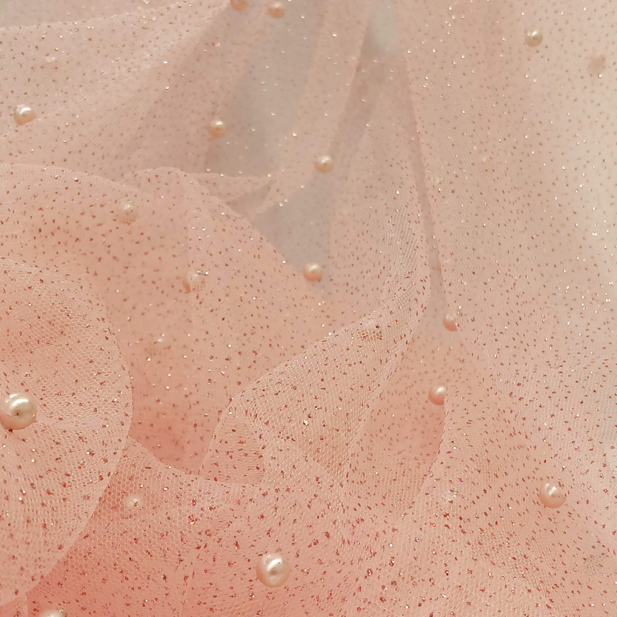 Glitter Mesh Fabric with Scattered Pearls 2-Way Stretch