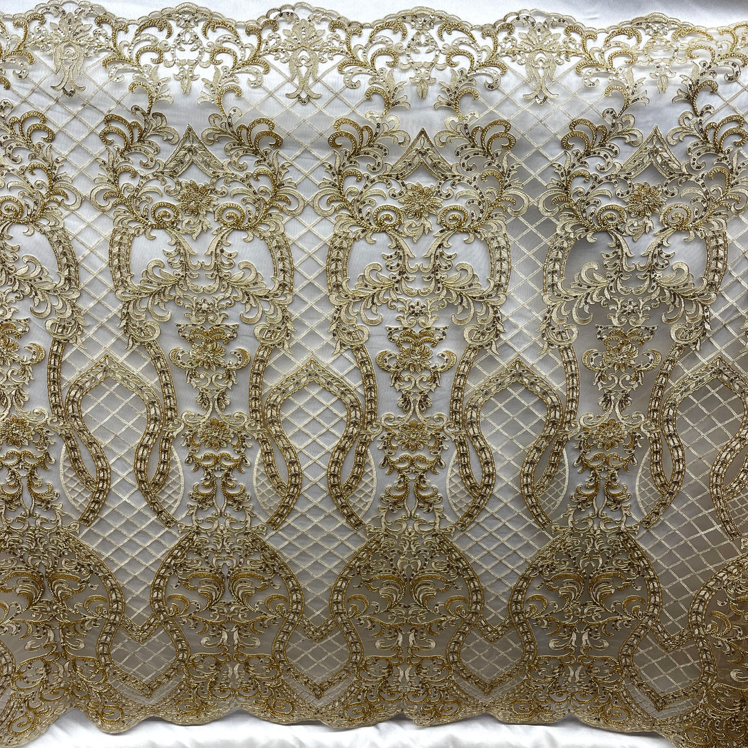 Beaded & Corded Bridal Lace Fabric Embroidered on 100% Polyester Net Mesh | Lace USA - GD-55221