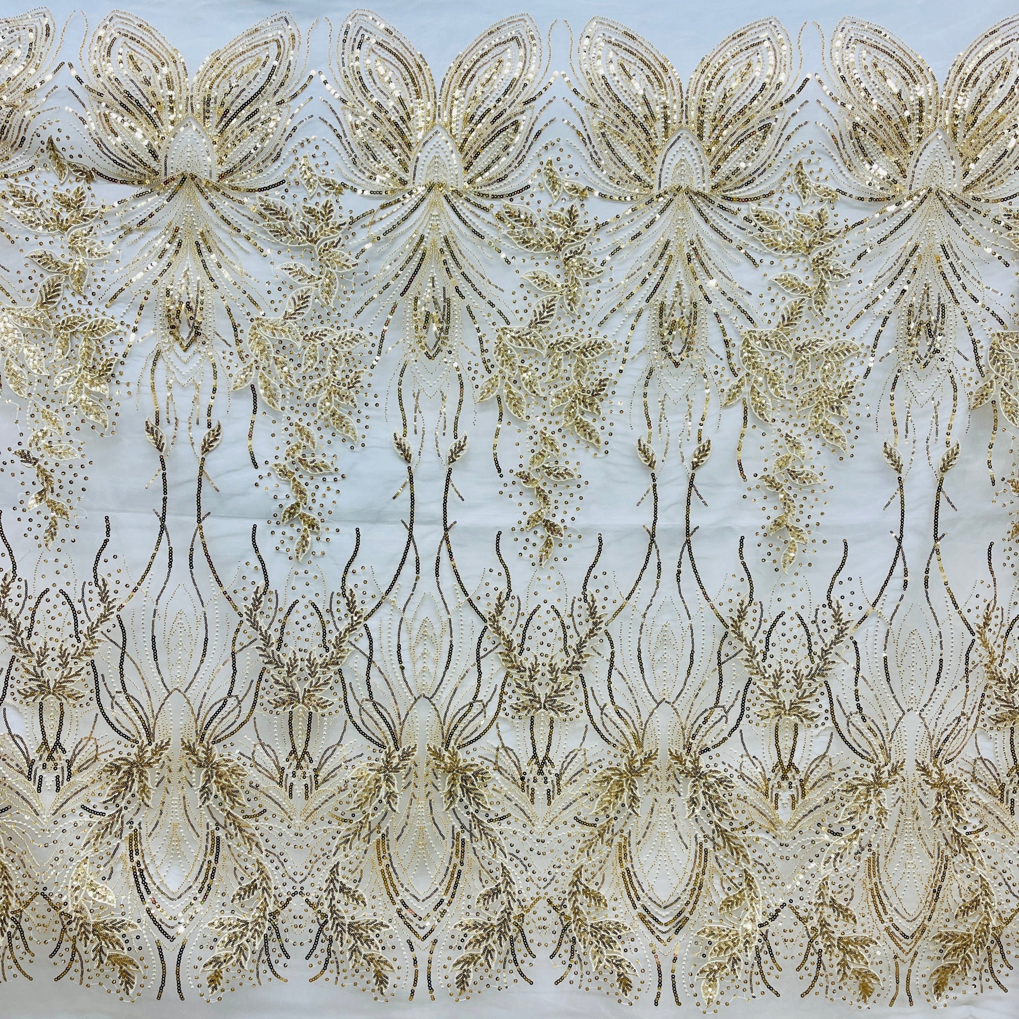 Full view of  Gold Beaded & Sequined Lace Fabric Perfect for Quince Dress,  dance costume and   Bridal dress | Lace USA - GD-2918