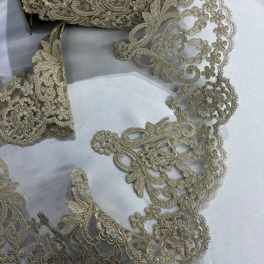 Luxury antique gold lace trim featuring delicate cording, floral embroidery, paisley motifs, and scalloped edges | Lace USA - 97214W