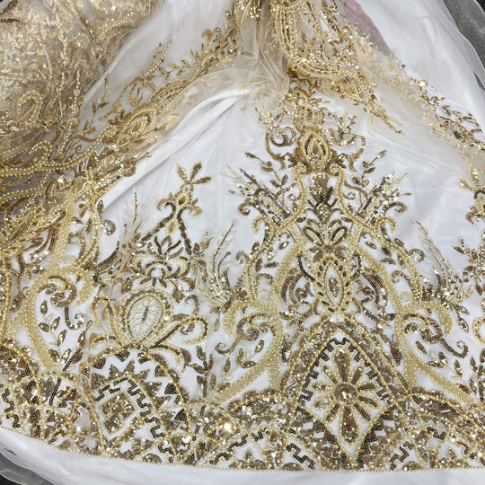 Beaded Lace Fabric Embroidered on 100% Polyester Net Mesh | Lace USA - GD-210906