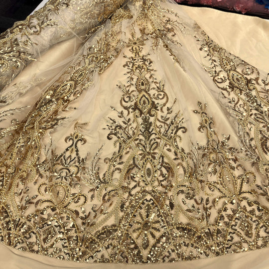 Beaded Lace Fabric Embroidered on 100% Polyester Net Mesh | Lace USA - GD-210906