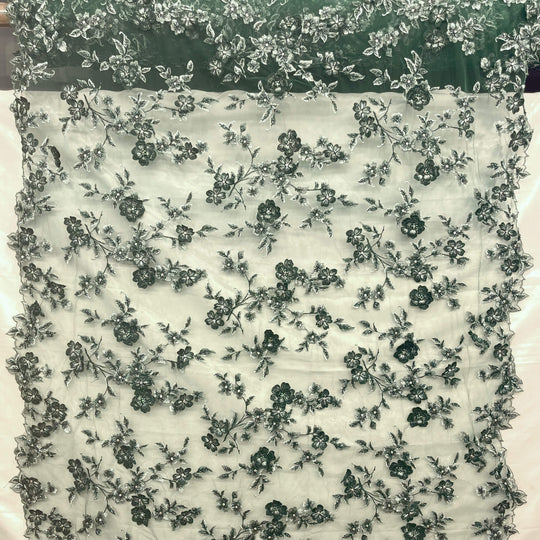 Full view Hunter Green Beaded 3D floral Lace Embroidered on Net Mesh - LaceUSA  Item GD1613 