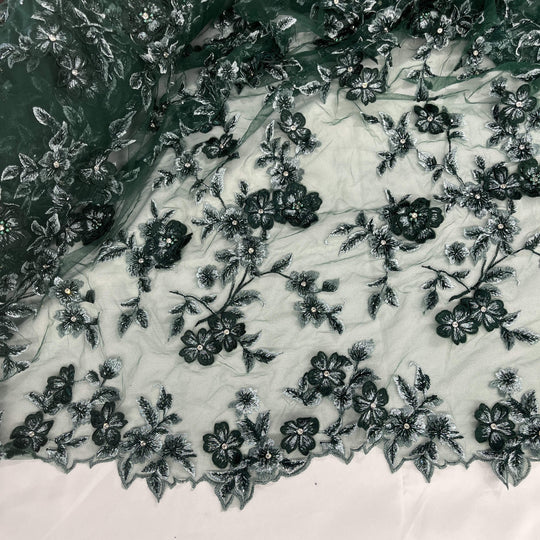 Hunter Green-Beaded 3D floral  -Lace Embroidered on Net Mesh - LaceUSA  Item GD1613 