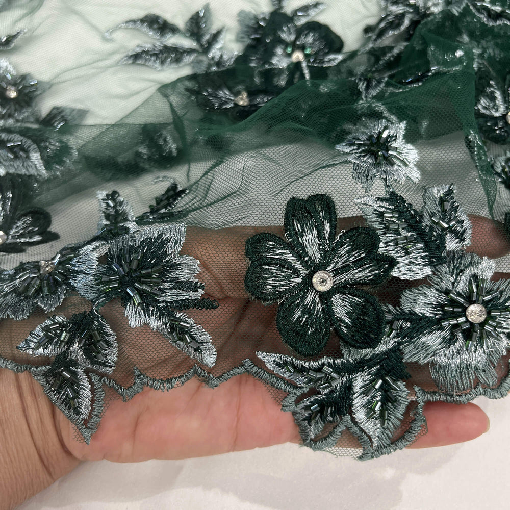 Hunter Green Closeup Beaded 3D Floral  Lace Embroidered on Net Msh - Lace USA GD1613