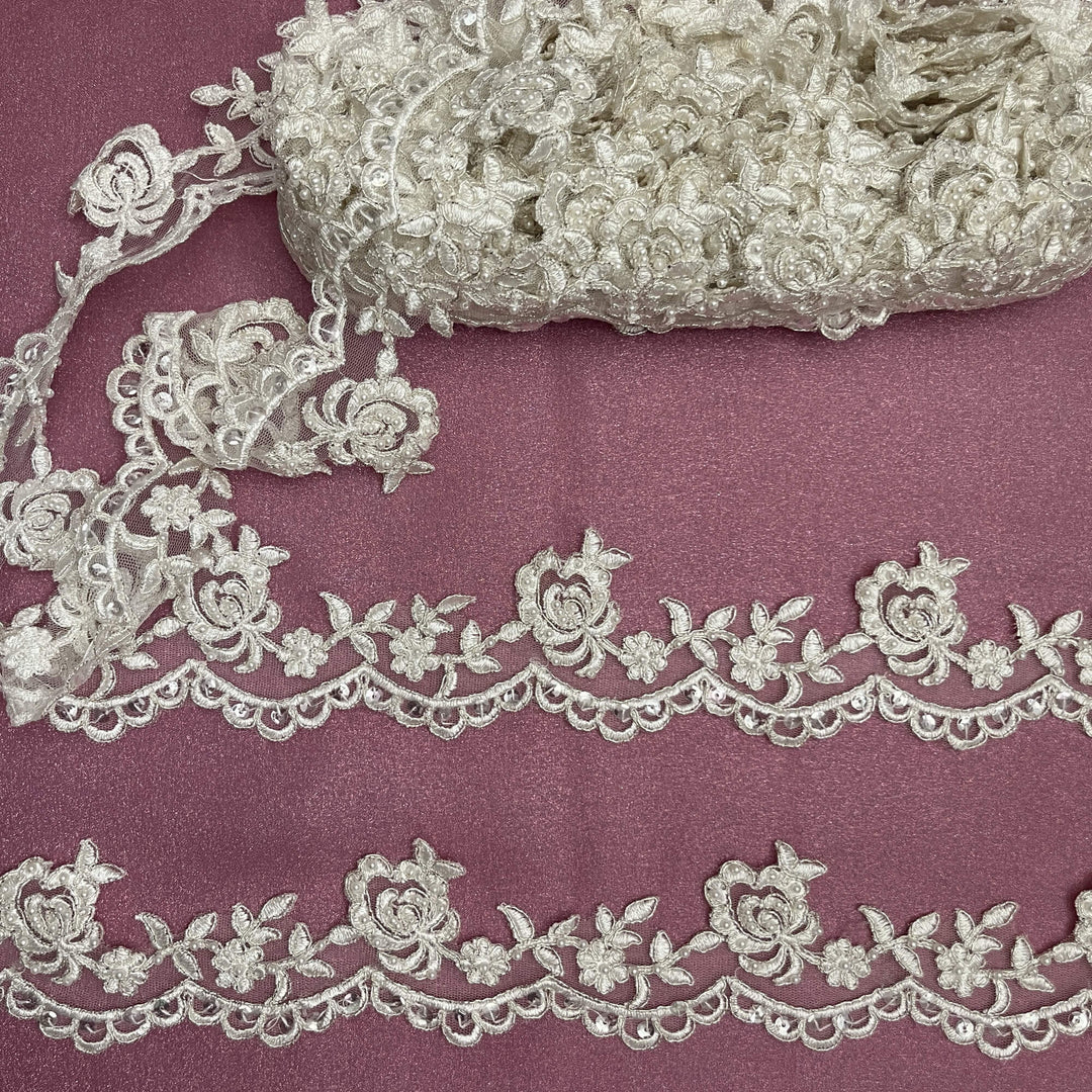 Beaded & Corded Lace Trimming Embroidered on 100% Polyester Net Mesh | Lace USA - 95941W/1-BP