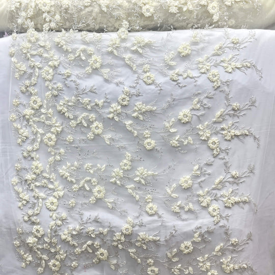 Beaded 3D Floral Lace Fabric Embroidered on 100% Polyester Net Mesh | Lace USA - GD-10143