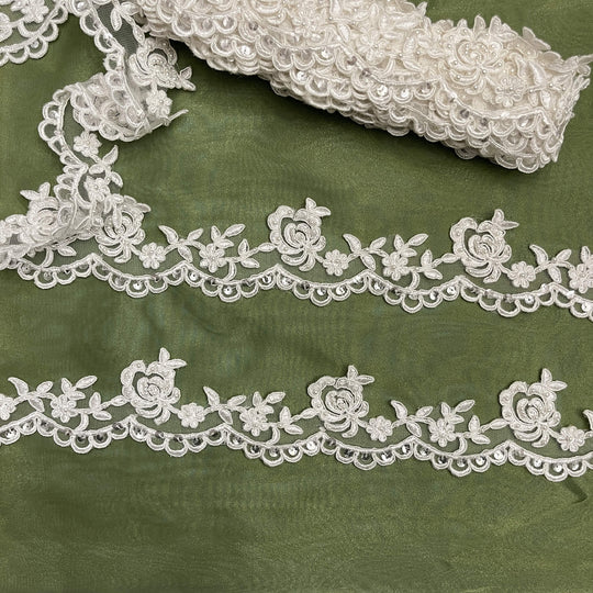 Beaded & Corded Lace Trimming Embroidered on 100% Polyester Net Mesh | Lace USA - 95941W/1-BP