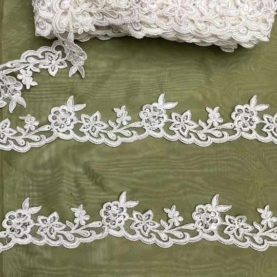 Beaded & Corded Lace Trimming Embroidered on 100% Polyester Net Mesh | Lace USA - 95942W-BP