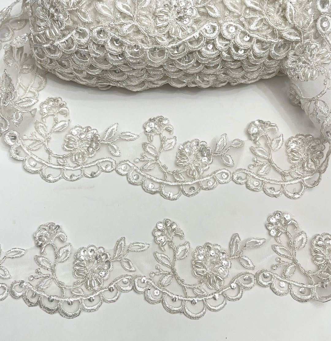 Beaded & Corded Lace Trimming Embroidered on 100% Polyester Net Mesh | Lace USA - 95951W/1-BP