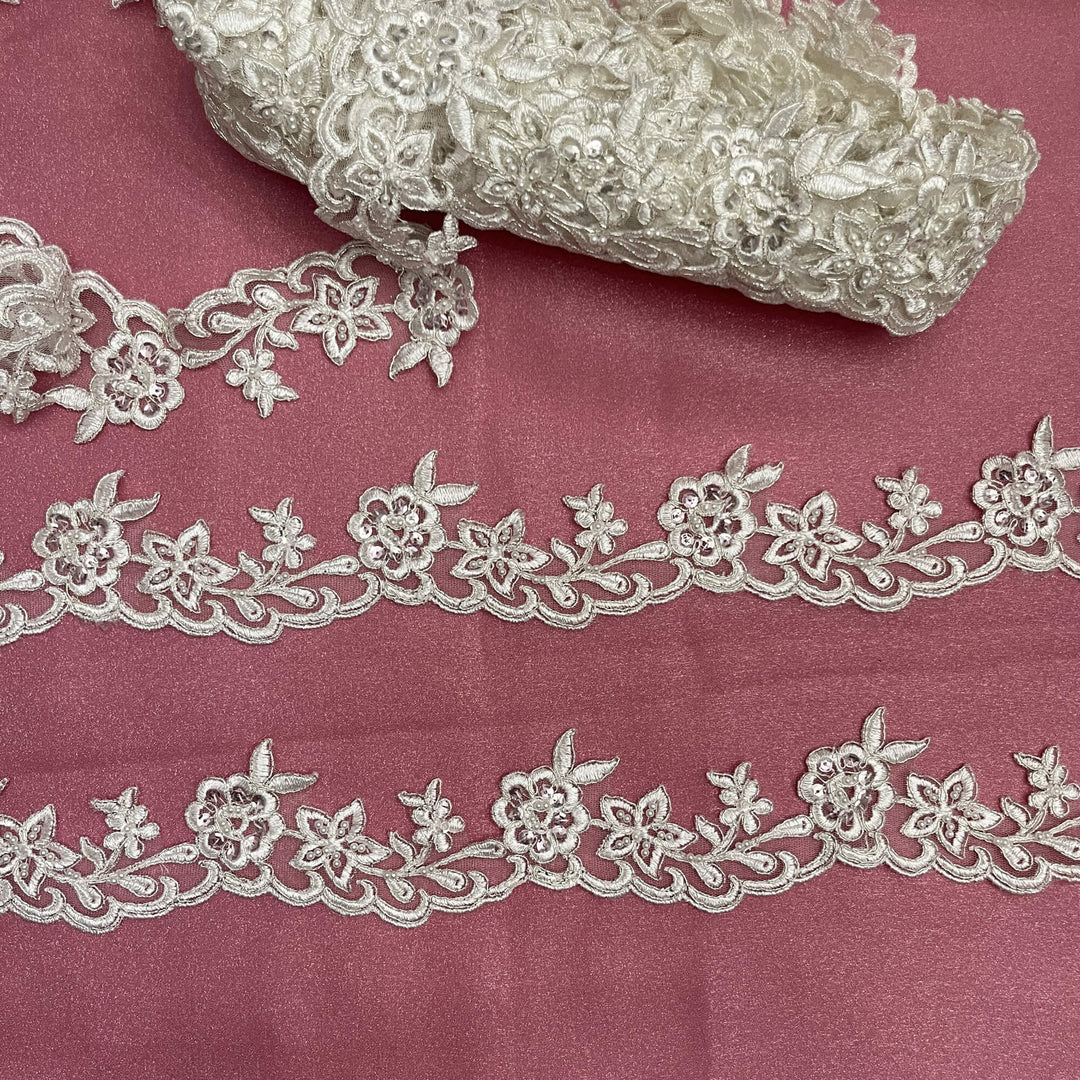 Beaded & Corded Lace Trimming Embroidered on 100% Polyester Net Mesh | Lace USA - 95942W-BP